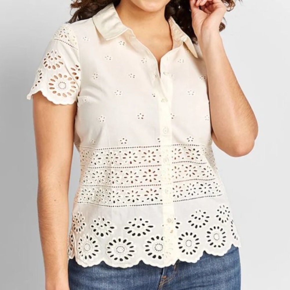 Cream Modcloth Eyelet Success Button Up Shirt XL. New